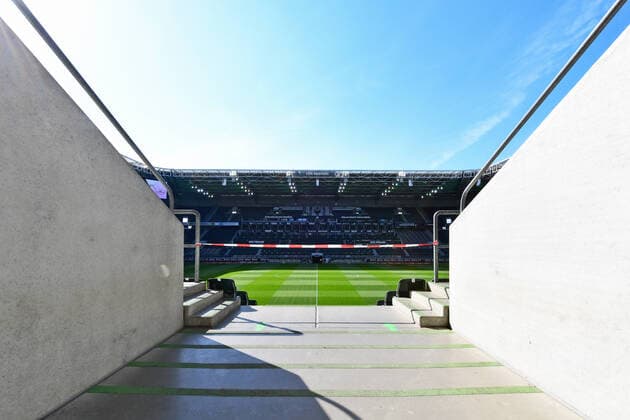 Football, Bundesliga, Germany, Men, Season 2020 2021, 30 Matchday, Borussia Park Mönchengladbach, Bor Mönchengladbach, BMG weiss Arminia Bielefeld orange 5 0 Flatterband Absperrung im leeren Borussia Park Feature, Symbol, Symbolbild, Corona, Covid 19, Pandemic, Geisterspiele DFL DFB REGULATIONS PROHIBIT ANY USE OF PHOTOGRAPHS AS IMAGE SEQUENCES AND OR QUASI VIDEO