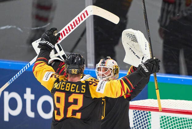 Mathias NIEDERBERGER 35 goalie of Germany celebration after the match , Marcel NOEBELS 92 of Germany Korbinian HOLZER 5 of Germany celebrates his goal, happy, laugh, celebration, 3-1 GERMANY - CANADA IIHF Ice hockey, Eishockey WORLD CHAMPIONSHIPS Group B in Riga, Latvia, Lettland, May 24, 2021, Season 2020 2021