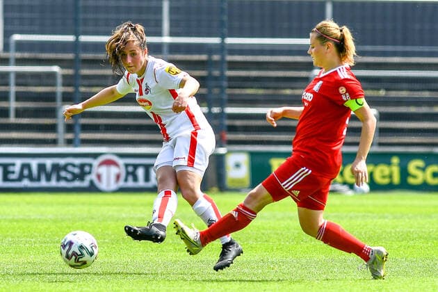 v li Karoline Kohr Köln, 13 , Jasmin Mackert FFC Niederkirchen, 12 , Zweikampf, Duell, duel, tackle, tackling, Dynamik, Action, Aktion, 03 06 2021, Köln Deutschland , Fussball, 2 Frauen Bundesliga Süd, 1 FC Köln 1 FFC Niederkirchen, DFB DFL REGULATIONS PROHIBIT ANY USE OF PHOTOGRAPHS AS IMAGE SEQUENCES AND OR QUASI VIDEO xmhx