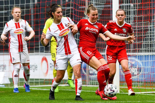 v li Karoline Kohr Cologne, 13 , Alena Wolf FFC Niederkirchen, 8 , Duel, duel, tackle, tackling, dynamic, action, action, 03 06 2021, Cologne Germany , Football, 2 Frauen Bundesliga Süd, 1 FC Köln 1 FFC Niederkirchen, DFB DFL REGULATIONS PROHIBIT ANY USE OF PHOTOGRAPHS AS IMAGE SEQUENCES AND OR QUASI VIDEO xmhx