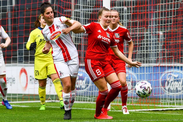 v li Karoline Kohr Cologne, 13 , Alena Wolf FFC Niederkirchen, 8 , Duel, duel, tackle, tackling, dynamic, action, action, 03 06 2021, Cologne Germany , Football, 2 Frauen Bundesliga Süd, 1 FC Köln 1 FFC Niederkirchen, DFB DFL REGULATIONS PROHIBIT ANY USE OF PHOTOGRAPHS AS IMAGE SEQUENCES AND OR QUASI VIDEO xmhx