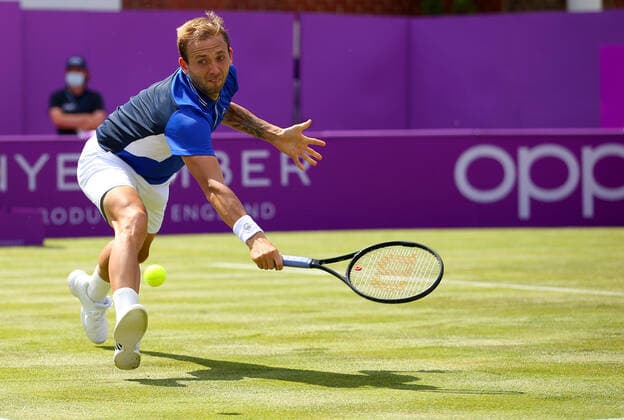 Mandatory Credit: Photo by Ella Ling BPI Shutterstock (12074706br) Dan Evans of GBR in action Cinch Championships, Day Two, Tennis, Queens Club, London, UK - 15 June 2021 EDITORIAL USE ONLY No use with unauthorised audio, video, data, fixture lists, club league logos or live services. Online in-match use limited to 120 images, no video emulation. No use in betting, games or single club league player publications. Cinch Championships, Day Two, Tennis, Queens Club, London, UK - 15 June 2021 EDITORIAL USE ONLY No use with unauthorised audio, video, data, fixture lists, club league logos or live services. Online in-match use limited to 120 images, no video emulation. No use in betting, games or single club league player publications. Copyright: xEllaxLing BPI Shutterstockx 12074706br
