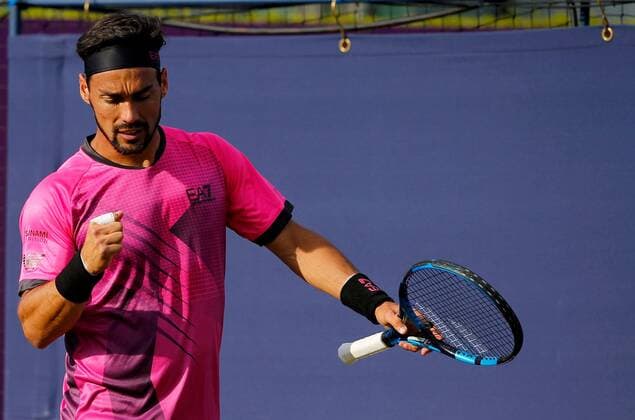Mandatory Credit: Photo by Ella Ling BPI Shutterstock (12074706dr) Fabio Fognini of Italy celebrates Cinch Championships, Day Two, Tennis, Queens Club, London, UK - 15 June 2021 EDITORIAL USE ONLY No use with unauthorised audio, video, data, fixture lists, club league logos or live services. Online in-match use limited to 120 images, no video emulation. No use in betting, games or single club league player publications. Cinch Championships, Day Two, Tennis, Queens Club, London, UK - 15 June 2021 EDITORIAL USE ONLY No use with unauthorised audio, video, data, fixture lists, club league logos or live services. Online in-match use limited to 120 images, no video emulation. No use in betting, games or single club league player publications. Copyright: xEllaxLing BPI Shutterstockx 12074706dr