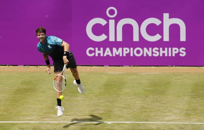 Mandatory Credit: Photo by Ella Ling BPI Shutterstock (12084430j) Cameron Norrie of Great Britain in action Cinch Championships, Day Three, Tennis, Queens Club, London, UK - 16 June 2021 EDITORIAL USE ONLY No use with unauthorised audio, video, data, fixture lists, club league logos or live services. Online in-match use limited to 120 images, no video emulation. No use in betting, games or single club league player publications. Cinch Championships, Day Three, Tennis, Queens Club, London, UK - 16 June 2021 EDITORIAL USE ONLY No use with unauthorised audio, video, data, fixture lists, club league logos or live services. Online in-match use limited to 120 images, no video emulation. No use in betting, games or single club league player publications. Copyright: xEllaxLing BPI Shutterstockx 12084430j