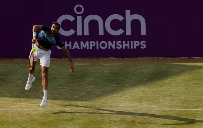 Mandatory Credit: Photo by Ella Ling BPI Shutterstock (12084430bz) Marin Cilic of Croatia in action Cinch Championships, Day Three, Tennis, Queens Club, London, UK - 16 June 2021 EDITORIAL USE ONLY No use with unauthorised audio, video, data, fixture lists, club league logos or live services. Online in-match use limited to 120 images, no video emulation. No use in betting, games or single club league player publications. Cinch Championships, Day Three, Tennis, Queens Club, London, UK - 16 June 2021 EDITORIAL USE ONLY No use with unauthorised audio, video, data, fixture lists, club league logos or live services. Online in-match use limited to 120 images, no video emulation. No use in betting, games or single club league player publications. Copyright: xEllaxLing BPI Shutterstockx 12084430bz