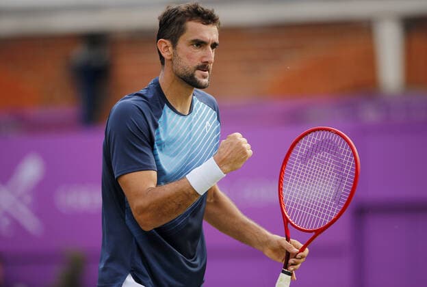 Mandatory Credit: Photo by Ella Ling BPI Shutterstock (12084430bt) Marin Cilic of Croatia celebrates Cinch Championships, Day Three, Tennis, Queens Club, London, UK - 16 June 2021 EDITORIAL USE ONLY No use with unauthorised audio, video, data, fixture lists, club league logos or live services. Online in-match use limited to 120 images, no video emulation. No use in betting, games or single club league player publications. Cinch Championships, Day Three, Tennis, Queens Club, London, UK - 16 June 2021 EDITORIAL USE ONLY No use with unauthorised audio, video, data, fixture lists, club league logos or live services. Online in-match use limited to 120 images, no video emulation. No use in betting, games or single club league player publications. Copyright: xEllaxLing BPI Shutterstockx 12084430bt