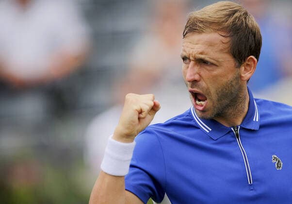 Mandatory Credit: Photo by Ella Ling BPI Shutterstock (12089309d) Dan Evans of GBR celebrates Cinch Championships, Day Four, Tennis, Queens Club, London, UK - 17 June 2021 EDITORIAL USE ONLY No use with unauthorised audio, video, data, fixture lists, club league logos or live services. Online in-match use limited to 120 images, no video emulation. No use in betting, games or single club league player publications. Cinch Championships, Day Four, Tennis, Queens Club, London, UK - 17 June 2021 EDITORIAL USE ONLY No use with unauthorised audio, video, data, fixture lists, club league logos or live services. Online in-match use limited to 120 images, no video emulation. No use in betting, games or single club league player publications. Copyright: xEllaxLing BPI Shutterstockx 12089309d