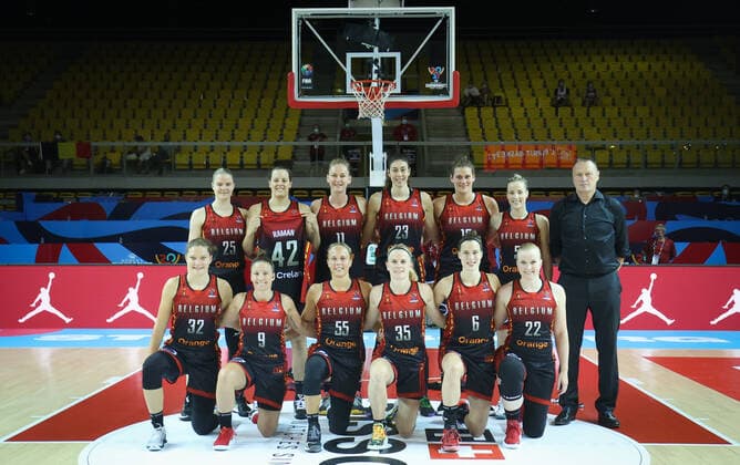 Belgian Cats Becky Massey, Belgian Cats Billie Massey, Belgian Cats Emma Meesseman, Belgian Cats Serena-Lynn Geldof, Belgian Cats Kyara Linskens, Belgian Cats Kim Mestdagh, Belgian Cats head coach Philip Mestdagh, Belgian Cats Heleen Nauwelaers, Belgian Cats Marjorie Carpreaux, Belgian Cats Julie Allemand, Belgian Cats Julie Vanloo, Belgian Cats Antonia Tonia Delaere and Belgian Cats Hanne Mestdagh pose for the photographer ahead of the match between Belgium s national women s basketball team The Belgian Cats and Bosnia-Herzegovina, in Strasbourg, France, Thursday 17 June 2021. The Belgian Cats are in France for the FIBA Women s EuroBasket 2021 European Basketball championships, that take place from 17 to 27 June. VIRGINIExLEFOUR x3010332x