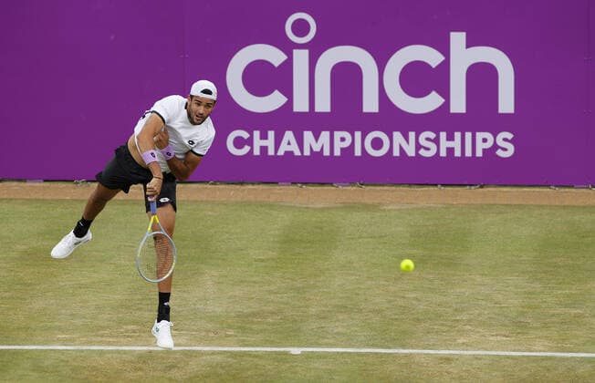 Mandatory Credit: Photo by Ella Ling BPI Shutterstock (12089309aq) Matteo Berrettini of Italy in action Cinch Championships, Day Four, Tennis, Queens Club, London, UK - 17 June 2021 EDITORIAL USE ONLY No use with unauthorised audio, video, data, fixture lists, club league logos or live services. Online in-match use limited to 120 images, no video emulation. No use in betting, games or single club league player publications. Cinch Championships, Day Four, Tennis, Queens Club, London, UK - 17 June 2021 EDITORIAL USE ONLY No use with unauthorised audio, video, data, fixture lists, club league logos or live services. Online in-match use limited to 120 images, no video emulation. No use in betting, games or single club league player publications. Copyright: xEllaxLing BPI Shutterstockx 12089309aq