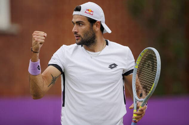 Mandatory Credit: Photo by Ella Ling BPI Shutterstock (12115521h) Matteo Berrettini of Italy celebrates Cinch Championships, Day Six, Tennis, Queens Club, London, UK - 19 June 2021 EDITORIAL USE ONLY No use with unauthorised audio, video, data, fixture lists, club league logos or live services. Online in-match use limited to 120 images, no video emulation. No use in betting, games or single club league player publications. Cinch Championships, Day Six, Tennis, Queens Club, London, UK - 19 June 2021 EDITORIAL USE ONLY No use with unauthorised audio, video, data, fixture lists, club league logos or live services. Online in-match use limited to 120 images, no video emulation. No use in betting, games or single club league player publications. Copyright: xEllaxLing BPI Shutterstockx 12115521h