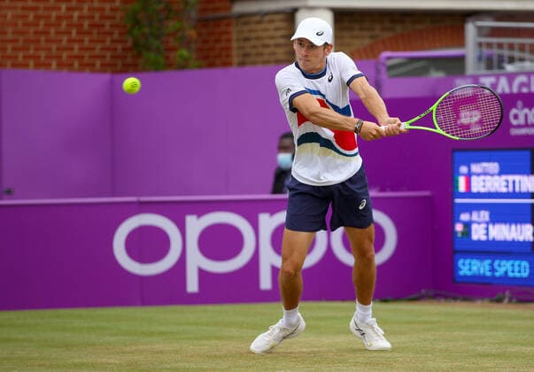 Mandatory Credit: Photo by Ella Ling BPI Shutterstock (12115521ai) Alex de Minaur of Australia in action Cinch Championships, Day Six, Tennis, Queens Club, London, UK - 19 June 2021 EDITORIAL USE ONLY No use with unauthorised audio, video, data, fixture lists, club league logos or live services. Online in-match use limited to 120 images, no video emulation. No use in betting, games or single club league player publications. Cinch Championships, Day Six, Tennis, Queens Club, London, UK - 19 June 2021 EDITORIAL USE ONLY No use with unauthorised audio, video, data, fixture lists, club league logos or live services. Online in-match use limited to 120 images, no video emulation. No use in betting, games or single club league player publications. Copyright: xEllaxLing BPI Shutterstockx 12115521ai
