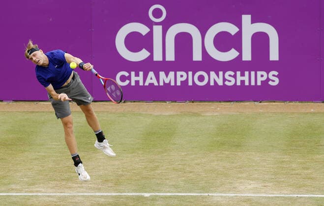 Mandatory Credit: Photo by Ella Ling BPI Shutterstock (12115521az) Denis Shapovalov of Canada in action Cinch Championships, Day Six, Tennis, Queens Club, London, UK - 19 June 2021 EDITORIAL USE ONLY No use with unauthorised audio, video, data, fixture lists, club league logos or live services. Online in-match use limited to 120 images, no video emulation. No use in betting, games or single club league player publications. Cinch Championships, Day Six, Tennis, Queens Club, London, UK - 19 June 2021 EDITORIAL USE ONLY No use with unauthorised audio, video, data, fixture lists, club league logos or live services. Online in-match use limited to 120 images, no video emulation. No use in betting, games or single club league player publications. Copyright: xEllaxLing BPI Shutterstockx 12115521az