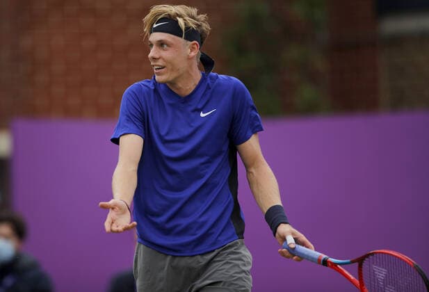 Mandatory Credit: Photo by Ella Ling BPI Shutterstock (12115521bh) Denis Shapovalov of Canada frustrated Cinch Championships, Day Six, Tennis, Queens Club, London, UK - 19 June 2021 EDITORIAL USE ONLY No use with unauthorised audio, video, data, fixture lists, club league logos or live services. Online in-match use limited to 120 images, no video emulation. No use in betting, games or single club league player publications. Cinch Championships, Day Six, Tennis, Queens Club, London, UK - 19 June 2021 EDITORIAL USE ONLY No use with unauthorised audio, video, data, fixture lists, club league logos or live services. Online in-match use limited to 120 images, no video emulation. No use in betting, games or single club league player publications. Copyright: xEllaxLing BPI Shutterstockx 12115521bh