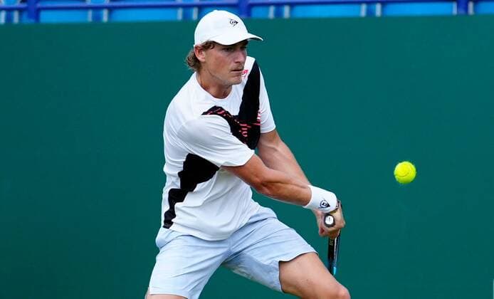 Mandatory Credit: Photo by Dave Shopland BPI Shutterstock (12165746m) Max Purcell from Australia Action Viking International Championships, Day Five, Tennis, Eastbourne, East Sussex, UK - 23 June 2021 Viking International Championships, Day Five, Tennis, Eastbourne, East Sussex, UK - 23 June 2021 Copyright: xDavexShopland BPI Shutterstockx 12165746m