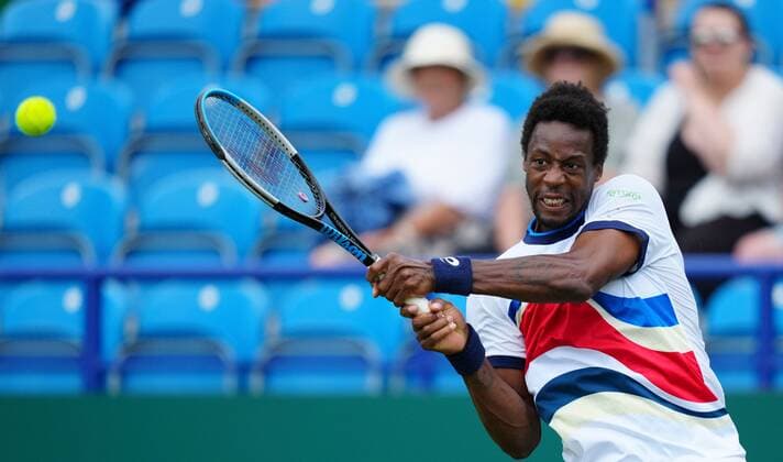 Mandatory Credit: Photo by Dave Shopland BPI Shutterstock (12165746ak) Gael Monfils from France Action Viking International Championships, Day Five, Tennis, Eastbourne, East Sussex, UK - 23 June 2021 Viking International Championships, Day Five, Tennis, Eastbourne, East Sussex, UK - 23 June 2021 Copyright: xDavexShopland BPI Shutterstockx 12165746ak