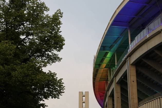 23 06 2021, xcex, GER, Frankfurt am Main, Deutsche Bank Park, football, Bundesliga, as a sign of solidarity for the LGBT community, Deutsche Bank Park shines in rainbow colours, homosexuality, transsexuality, colourful, UEFA, rainbow colours, freedom, symbol image DFL regulations prohibit any use of photographs as image sequences and or quasi video