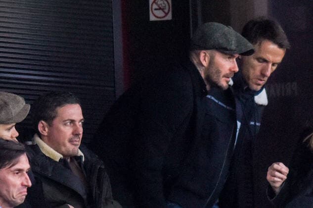 Mandatory Credit: Photo by James Speakman Mercury Press Shutterstock (10108642ao) David Beckham stakes his seat next to Phil Neville in the Peninsula Stadium Salford City FC vs Dover Athletic, Vanarama National League, Football, The Peninsula Stadium, Salford, Greater Manchester, United Kingdom - 16 Feb 2019 Editorial use only Salford City FC vs Dover Athletic, Vanarama National League, Football, The Peninsula Stadium, Salford, Greater Manchester, United Kingdom - 16 Feb 2019 Editorial use only Copyright: xJamesxSpeakman MercuryxPress Shutterstockx 10108642ao
