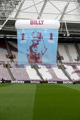 Mandatory Credit: Photo by Andrew Fosker BPI Shutterstock (10128860a) Banners celebrating the naming of the Billy Bonds Stand at the London Stadium West Ham United v Newcastle United, Premier League, Football, London Stadium, London, UK - 02 Mar 2019 EDITORIAL USE ONLY No use with unauthorised audio, video, data, fixture lists (outside the EU), club league logos or live services. Online in-match use limited to 45 images (+15 in extra time). No use to emulate moving images. No use in betting, games or single club league player publications services. West Ham United v Newcastle United, Premier League, Football, London Stadium, London, UK - 02 Mar 2019 EDITORIAL USE ONLY No use with unauthorised audio, video, data, fixture lists (outside the EU), club league logos or live services. Online in-match use limited to 45 images (+15 in extra time). No use to emulate moving images. No use in betting, games or Copyright: xAndrewxFosker BPI Shutterstockx 10128860a