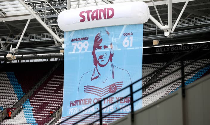 Mandatory Credit: Photo by Andrew Fosker BPI Shutterstock (10128860at) Banners celebrating the naming of the Billy Bonds Stand at the London Stadium West Ham United v Newcastle United, Premier League, Football, London Stadium, London, UK - 02 Mar 2019 EDITORIAL USE ONLY No use with unauthorised audio, video, data, fixture lists (outside the EU), club league logos or live services. Online in-match use limited to 45 images (+15 in extra time). No use to emulate moving images. No use in betting, games or single club league player publications services. West Ham United v Newcastle United, Premier League, Football, London Stadium, London, UK - 02 Mar 2019 EDITORIAL USE ONLY No use with unauthorised audio, video, data, fixture lists (outside the EU), club league logos or live services. Online in-match use limited to 45 images (+15 in extra time). No use to emulate moving images. No use in betting, games or Copyright: xAndrewxFosker BPI Shutterstockx 10128860at