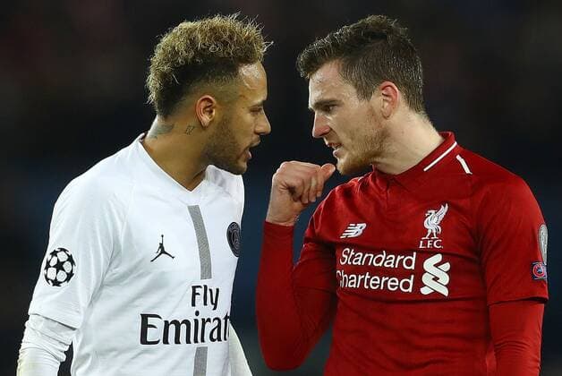 Mandatory Credit: Photo by Kieran McManus BPI Shutterstock (10003067ex) Neymar of Paris Saint-Germain and Andrew Robertson of Liverpool square up Paris Saint-Germain v Liverpool, UEFA Champions League Group C, Football, Parc Des Princes, Paris, France - 28 Nov 2018 Paris Saint-Germain v Liverpool, UEFA Champions League Group C, Football, Parc Des Princes, Paris, France - 28 Nov 2018 Copyright: xKieranxMcManus BPI Shutterstockx 10003067ex