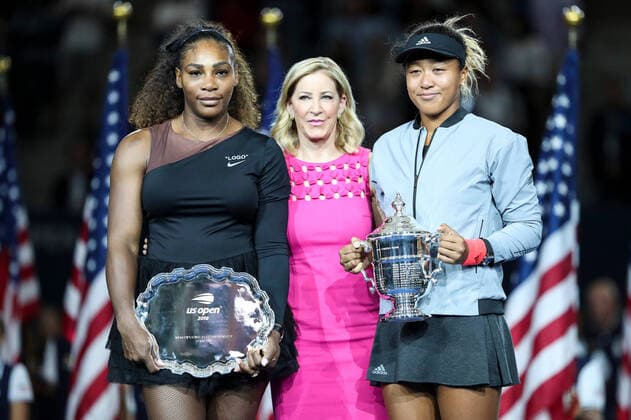 Mandatory Credit: Photo by Dave Shopland BPI Shutterstock (9877096dg) Naomi Osaka celebrates her victory in the women s final and poses with Serena Williams and Chris Evert US Open Tennis Championships, Day 13, USTA National Tennis Center, Flushing Meadows, New York, USA - 08 Sep 2018 US Open Tennis Championships, Day 13, USTA National Tennis Center, Flushing Meadows, New York, USA - 08 Sep 2018 Copyright: xDavexShopland BPI Shutterstockx 9877096dg