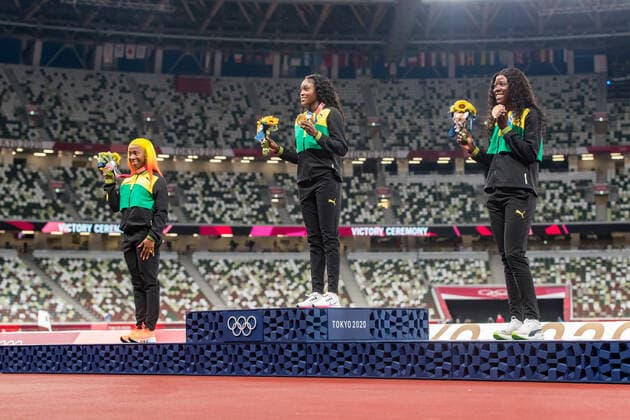 OLYMPIC GAMES, 01 08 2021 The podium of the womenÕs 100 m, left to right Shelly Ann Fraser Pryce JAM , silver, Elaine Thompson Herah JAM , gold, Shericka Jackson JAM , bronze, at the Olympic Games in Tokyo, on Sunday, August 01, 2021. Copyright: xBEAUTIFULxSPORTS OlafxRellischx