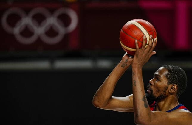 Mandatory Credit: Photo by Dave Shopland Shutterstock (12249257aq) Kevin Durant of the United States (USA) in action France v United States, Basketball, Men s final, Tokyo Olympic Games, Olympische Spiele, Olympia, OS 2020, Saitama Super Arena, Japan - 07 Aug 2021 France v United States, Basketball, Men s final, Tokyo Olympic Games 2020, Saitama Super Arena, Japan - 07 Aug 2021 Copyright: xDavexShopland Shutterstockx 12249257aq