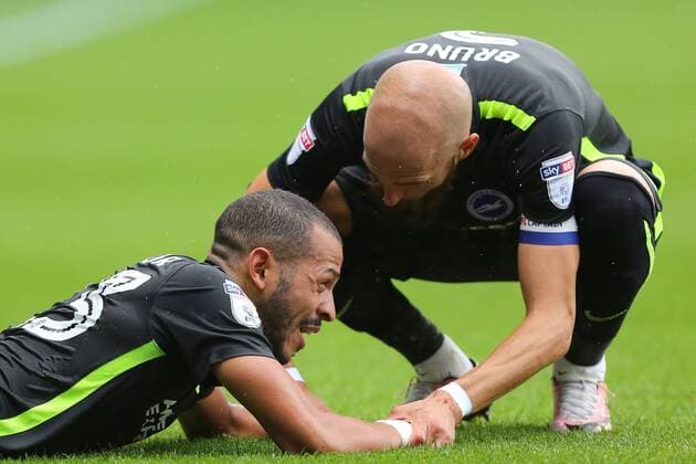 Mandatory Credit: Photo by Richard Calver Shutterstock (5836036as) Liam Rosenior of Brighton & Hove Albion is consoled by team-mate, Bruno Saltor before leaving the field after a heavy challenge on his left ankle - Reading v Brighton & Hove Albion, Sky Bet Championship, Madejski Stadium, Reading - 20th August 2016. Reading v Brighton and Hove Albion, Sky Bet Championship, Football, Madejski Stadium, Reading, UK - 20 Aug 2016 EDITORIAL USE ONLY No use with unauthorised audio, video, data, fixture lists (outside the EU), club league logos or live services. Online in-match use limited to 45 images (+15 in extra time). No use to emulate moving images. No use in betting, games or single club league player publications services. Reading v Brighton and Hove Albion, Sky Bet Championship, Football, Madejski Stadium, Reading, UK - 20 Aug 2016 EDITORIAL USE ONLY No use with unauthorised audio, video, data, fixture lists (outside the EU), club league logos or live services. Online in-match use limited to 45 images (+15 in extra time). No use to emulate moving images. No use in betting, games or Copyright: xRichardxCalver Shutterstockx 5836036as