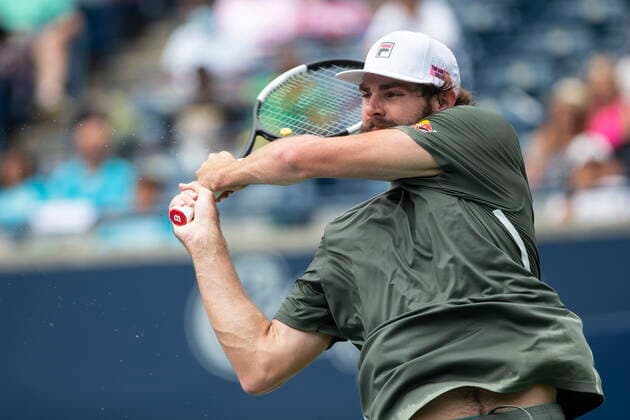 August 13, 2021, Toronto, on, Canada: Reilly Opelka, of the United States, returns the ball during his 6-3, 7-6 win over Spain s Roberto Bautista Agut during National Bank Open men s tennis action in Toronto, Friday, Aug. 13, 2021. Reilly Opelka - ZUMAc35_ 20210813_zaf_c35_077 Copyright: xChrisxYoungx