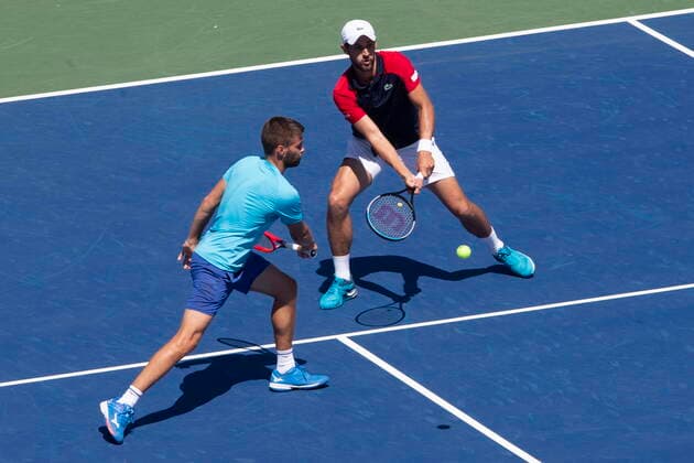 August 14, 2021, Toronto, on, Canada: Croatia s Nikola Mektic, left, and Mate Pavic return during their 7-6 7-6 win against Kevin Krawietz, of Germany, and Horia Tecau, of Romania, in National Bank Open men s tennis action in Toronto, Saturday, Aug. 14, 2021 Niikola Mektic; Mate Pavic.. - ZUMAc35_ 20210814_zaf_c35_010 Copyright: xChrisxYoungx