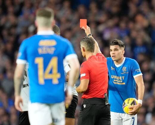 Mandatory Credit: Photo by Stuart Wallace Shutterstock (12337253bn) John Lundstram of Rangers sent off by Referee Anastasios Sidropoulos for a second yellow card offence. Rangers v Alashkert, UEFA Europa League Qualifying Play-off, Ibrox Staiudm, Glasgow, Scotland, UK - 19 Aug 2021 Editorial use only Rangers v Alashkert, UEFA Europa League Qualifying Play-off, Ibrox Staiudm, Glasgow, Scotland, UK - 19 Aug 2021 Editorial use only Copyright: xStuartxWallace Shutterstockx 12337253bn