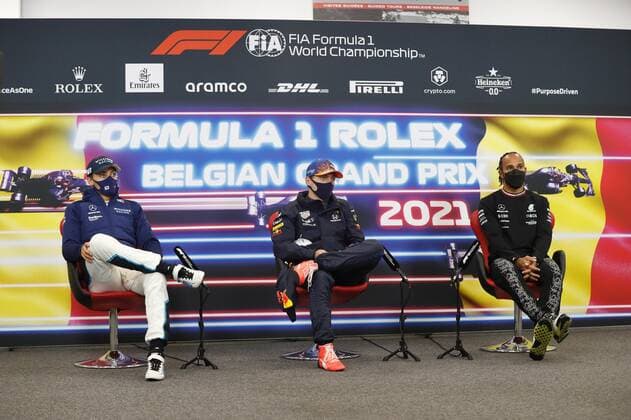 VERSTAPPEN Max (ned), Red Bull Racing Honda RB16B, portrait RUSSELL George (gbr), Williams Racing F1 FW43B, portrait HAMILTON Lewis (gbr), Mercedes AMG F1 GP W12 E Performance, portrait press conference, PK, Pressekonferenz after race during the Formula 1 Belgium Grand Prix, 12th round of the 2021 FIA Formula One World Championship, WM, Weltmeisterschaft from August 27 to 29, 2021 on the Circuit de Spa-Francorchamps, in Stavelot, near Liege, Belgium - FORMULE 1 : Grand prix de belgique - 29 08 2021 DPPI PANORAMIC _V2_6201