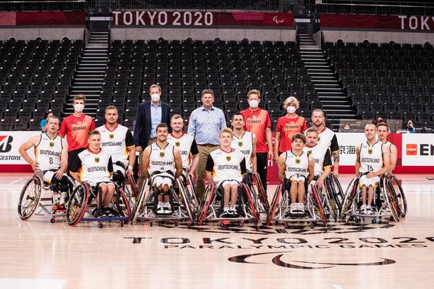Tokyo 2020 Paralympic Games Wheelchair Basketball , 30 08 2021 TOKYO, JAPAN 30 August Wheelchair Basketball, Germany Iran Men, on Day 6 of the Tokyo 2020 Paralympic Games on 30 08 2021 at Ariake Arena in Tokyo Japan Third row Eike Goessling Team Manager , Martin Kluck Co Trainer National Coach Nicolai Zeltinger GER , Sascha Kluge Team Doctor , Baerbel Boergel Physiotherapist , Joseph Bestwick 15, Germany , Jens Albrecht 12, Germany Second row Andre Bienek 8, Germany , Aliaksandr Halouski 14, Germany , Jan Sadler 11, Germany , Aliaksandr Halouski 14, Germany , Jan Haller 10, Germany , Thomas Boehme 13, Germany First row Philip Schorp 4, Germany , Nico Dreimueller 5, Germany , Tobias Hell 9, Germany , Christopher Huber 7, Germany Copyright: xBEAUTIFULxSPORTS Wunderlx