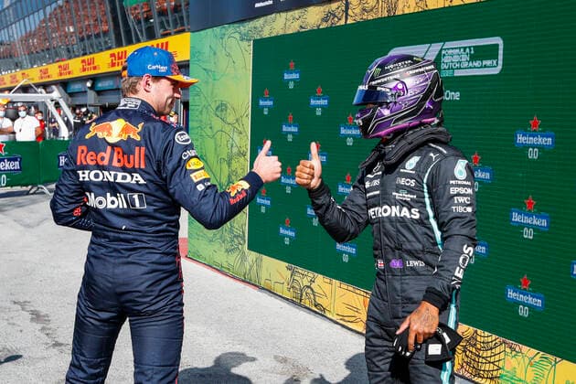 VERSTAPPEN Max (ned), Red Bull Racing Honda RB16B, HAMILTON Lewis (gbr), Mercedes AMG F1 GP W12 E Performance, portrait during the Formula 1 Heineken Dutch Grand Prix 2021, 13th round of the 2021 FIA Formula One World Championship, WM, Weltmeisterschaft from September 3 to 5, 2021 on the Circuit Zandvoort, in Zandvoort, Netherlands FORMULE 1 : Grand Prix des Pays-Bas - 04 09 2021 DPPI PANORAMIC _GO09463-2