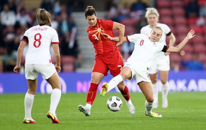 Mandatory Credit: Photo by James Marsh Shutterstock (12448509k) Alex Greenwood of England and Gentjana Rochi of North Macedonia. England Women v North Macedonia Women, FIFA Women s World Cup 2023 Qualifying, Group D, Football, St Mary s Stadium, Southampton, UK - 17 Sep 2021 EDITORIAL USE ONLY No use with unauthorised audio, video, data, fixture lists, club league logos or live services. Online in-match use limited to 120 images, no video emulation. No use in betting, games or single club league player publications. England Women v North Macedonia Women, FIFA Women s World Cup 2023 Qualifying, Group D, Football, St Mary s Stadium, Southampton, UK - 17 Sep 2021 EDITORIAL USE ONLY No use with unauthorised audio, video, data, fixture lists, club league logos or live services. Online in-match use limited to 120 images, no video emulation. No use in betting, games or single club league player publications. Copyright: xJamesxMarsh Shutterstockx 12448509k