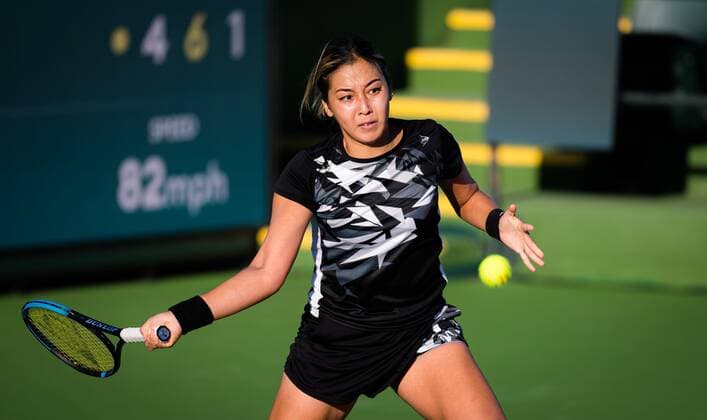 Mandatory Credit: Photo by Rob Prange Shutterstock (12524631fv) Zarina Diyas of Kazakhstan in action during the second round at the 2021 BNP Paribas Open WTA, Tennis Damen 1000 tennis tournament BNP Paribas Open, Tennis, Day 4, Indian Wells Tennis Garden, California, USA - 09 Oct 2021 BNP Paribas Open, Tennis, Day 4, Indian Wells Tennis Garden, California, USA - 09 Oct 2021 Copyright: xRobxPrange Shutterstockx 12524631fv