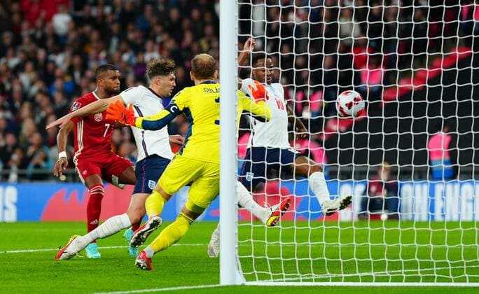 Mandatory Credit: Photo by Javier Garcia Shutterstock (12534018r) John Stones of England scores a goal 1-1 England v Hungary, FIFA World Cup, WM, Weltmeisterschaft, Fussball 2022 Qualifying, Group I, Football, Wembley Stadium, London, UK - 12 Oct 2021 EDITORIAL USE ONLY No use with unauthorised audio, video, data, fixture lists, club league logos or live services. Online in-match use limited to 120 images, no video emulation. No use in betting, games or single club league player publications. England v Hungary, FIFA World Cup 2022 Qualifying, Group I, Football, Wembley Stadium, London, UK - 12 Oct 2021 EDITORIAL USE ONLY No use with unauthorised audio, video, data, fixture lists, club league logos or live services. Online in-match use limited to 120 images, no video emulation. No use in betting, games or single club league player publications. Copyright: xJavierxGarcia Shutterstockx 12534018r