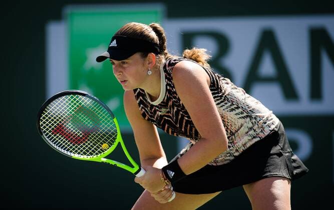 Mandatory Credit: Photo by Rob Prange Shutterstock (12524635e) Jelena Ostapenko of Latvia in action during the fourth round at the 2021 BNP Paribas Open WTA, Tennis Damen 1000 tennis tournament BNP Paribas Open, Tennis, Day 7, Indian Wells Tennis Garden, California, USA - 12 Oct 2021 BNP Paribas Open, Tennis, Day 7, Indian Wells Tennis Garden, California, USA - 12 Oct 2021 Copyright: xRobxPrange Shutterstockx 12524635e