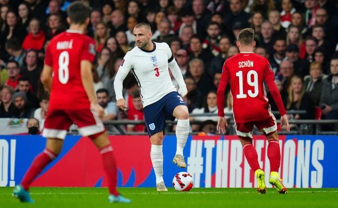 Mandatory Credit: Photo by Javier Garcia Shutterstock (12534018el) Luke Shaw of England England v Hungary, FIFA World Cup, WM, Weltmeisterschaft, Fussball 2022 Qualifying, Group I, Football, Wembley Stadium, London, UK - 12 Oct 2021 EDITORIAL USE ONLY No use with unauthorised audio, video, data, fixture lists, club league logos or live services. Online in-match use limited to 120 images, no video emulation. No use in betting, games or single club league player publications. England v Hungary, FIFA World Cup 2022 Qualifying, Group I, Football, Wembley Stadium, London, UK - 12 Oct 2021 EDITORIAL USE ONLY No use with unauthorised audio, video, data, fixture lists, club league logos or live services. Online in-match use limited to 120 images, no video emulation. No use in betting, games or single club league player publications. Copyright: xJavierxGarcia Shutterstockx 12534018el