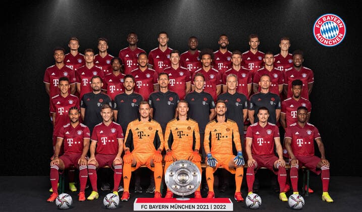 Football 1 Bundesliga Season 2021 2022 13 10 2021 Photo session FC Bayern Muenchen Team photo Michael Cuisance, Marc Roca, Tanguy Nianzou Kouassi, Niklas Suele, Dayot Upamecano, Eric Maxim Choupo Moting, Leon Goretzka, Benjamin Pavard Row 4 v li Malik Tillman, Josip Stanisic, Omar Richards, Corentin Tolisso, Robert Lewandowski, Leroy Sane, Thomas Mueller, Lucas Hernandez, Alphonso Davies Row 3 f le Jamal Musiala, Goalkeeping Coach Toni Tapalovic, Co Coach Benjamin Glueck, Co Coach Dino Toppmoeller Coach Julian Nagelsmann, Co Coach Xaver Zembrod, Fitness Coach Dr Holger Broich, Kingsley Coman Row 2 f le Serge Gnabry, Joshua Kimmich, Goalkeeper Christian Fruechtl, Goalkeeper Manuel Neuer, Goalkeeper Sven Ulreich, Marcel Sabitzer and Bouna Sarr Front f le