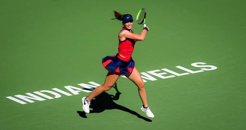Mandatory Credit: Photo by Rob Prange Shutterstock (12524643a) Paula Badosa of Spain in action during the final of the 2021 BNP Paribas Open WTA, Tennis Damen 1000 tennis tournament BNP Paribas Open, Tennis, Day 12, Indian Wells Tennis Garden, California, USA - 17 Oct 2021 BNP Paribas Open, Tennis, Day 12, Indian Wells Tennis Garden, California, USA - 17 Oct 2021 Copyright: xRobxPrange Shutterstockx 12524643a