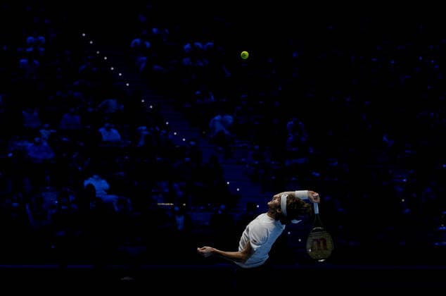 Mandatory Credit: Photo by Ella Ling Shutterstock (12603333cp) Stefanos Tsitsipas of Greece in action Nitto ATP, Tennis Herren World Tour Finals, Day 2, Tennis, Pala Alpitour, Turin, Italy - 15 Nov 2021 Nitto ATP World Tour Finals, Day 2, Tennis, Pala Alpitour, Turin, Italy - 15 Nov 2021 Copyright: xEllaxLing Shutterstockx 12603333cp