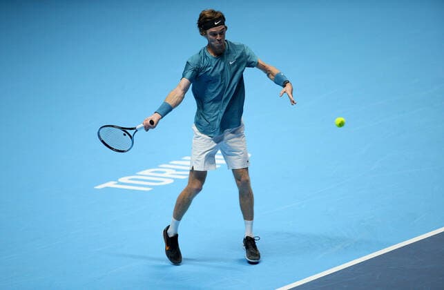 Mandatory Credit: Photo by Ella Ling Shutterstock (12603333di) Andrey Rublev of Russia in action Nitto ATP, Tennis Herren World Tour Finals, Day 2, Tennis, Pala Alpitour, Turin, Italy - 15 Nov 2021 Nitto ATP World Tour Finals, Day 2, Tennis, Pala Alpitour, Turin, Italy - 15 Nov 2021 Copyright: xEllaxLing Shutterstockx 12603333di