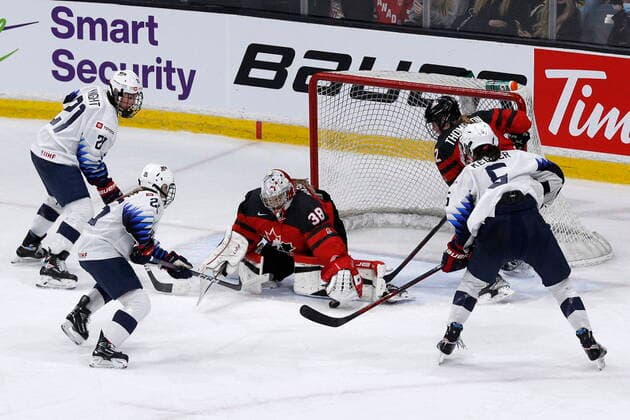 November 21, 2021, Kingston, Ontario, Canada: Canada goaltender Emerance Maschmeyer (38) makes a save during second period action of the Rivalry series against the United States, in Kingston, Ont., Sunday, Nov. 21, 2021. Canada News - November 21, 2021 - ZUMAc35_ 0142513108st Copyright: xLarsxHagbergx