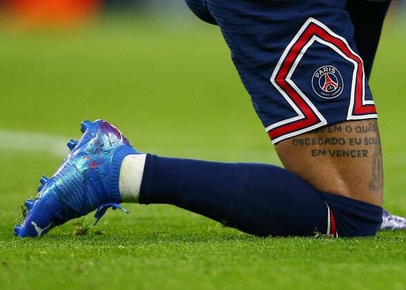 Mandatory Credit: Photo by Matt West Shutterstock (12615942bb) A tattoo on the leg of Neymar of Paris Saint Germain Manchester City v Paris Saint Germain, UEFA Champions League, Group A, Football, Etihad Stadium, Manchester, UK - 24 Nov 2021 EDITORIAL USE ONLY No use with unauthorised audio, video, data, fixture lists, club league logos or live services. Online in-match use limited to 120 images, no video emulation. No use in betting, games or single club league player publications. Manchester City v Paris Saint Germain, UEFA Champions League, Group A, Football, Etihad Stadium, Manchester, UK - 24 Nov 2021 EDITORIAL USE ONLY No use with unauthorised audio, video, data, fixture lists, club league logos or live services. Online in-match use limited to 120 images, no video emulation. No use in betting, games or single club league player publications. Copyright: xMattxWest Shutterstockx 12615942bb