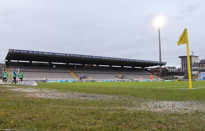 Munich, Germany 04 December 2021 Football, Men, 3 Liga, Season 2021 2022, TSV 1860 Munich 1 FC Magdeburg, Grünwalder Stadion Geisterspiel, ghost games, empty stands, empty stands, no spectators, Corona, pandemic, empty stadium, no fans, back straight, standing area DFB regulations prohibit any use of photographs as image sequences and or quasi video