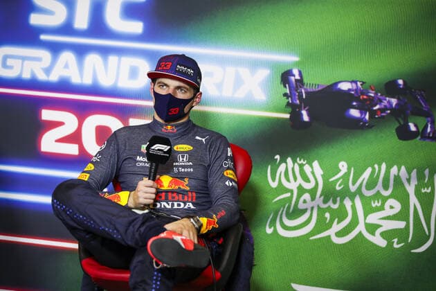 VERSTAPPEN Max (ned), Red Bull Racing Honda RB16B, portrait, press conference, PK, Pressekonferenz during the Formula 1 stc Saudi Arabian Grand Prix 2021, 21th round of the 2021 FIA Formula One World Championship, WM, Weltmeisterschaft from December 3 to 5, 2021 on the Jeddah Corniche Circuit, in Jeddah, Saudi Arabia - F1 - SAUDI ARABIAN GRAND PRIX 2021 DPPI Panoramic 00121043_FGO07820.JPG