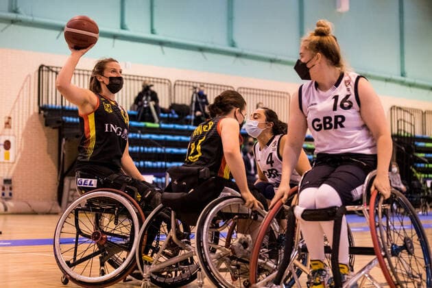 European Championship Wheelchair Basketball 10 12 2021 MADRID, SPAIN 10 December Wheelchair Basketball, Semi Final Great Britain vs Germany Women on Day 7 of the European Championship Wheelchair Basketball on 10 12 2021 at Polid Municipal Francisco Fernandez Ochoa in Madrid, Spain Lena Knippelmeyer Germany, 14 , Valeska Finger Germany, 15 , Charlotte Moore Great Britain, 4 , Jade Atkin Great Britain, 16 Copyright: xBEAUTIFULxSPORTS Wunderlx