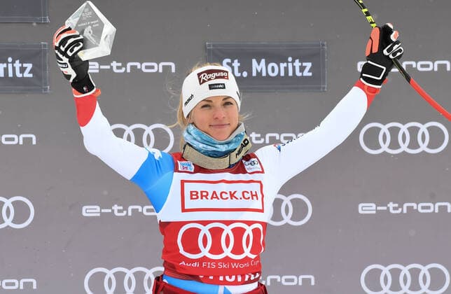 SUI, FIS Alpine Ski World Cup, St Moritz 11 12 2021, St Moritz, SUI, FIS Alpine Ski World Cup, Super G, Ladies, Award Ceremony, in picture Lara Gut Behrami SUI winner dLara Gut Behrami of Switzerland during the winner presentation for the ladie s SuperG of FIS Alpine Ski World Cup at the St Moritz, Switzerland on 2021 12 11 Gardena-Gröden South Tyrol Italy Saslong