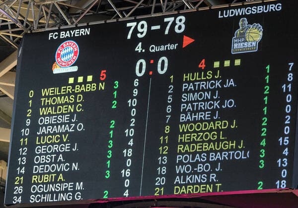 On the display cube is the final score the Bavarians win with 79 78 FC Bayern Muenchen vs MHP Riesen Ludwigsburg, Basketball, BBL, 11 Matchday, Season 2021 2022, 19 12 2021 FC Bayern Muenchen vs MHP Riesen Ludwigsburg, Basketball, BBL, 11 Matchday, Season 2021 2022, 19 12 2021 Muenchen Copyright: xEibnerxPressefotox xHeikexFeinerx EP_EER